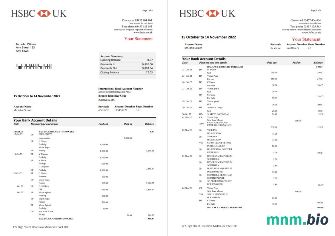 Szablon wyciągu bankowego HSBC w Wielkiej Brytanii w formacie Word i PDF